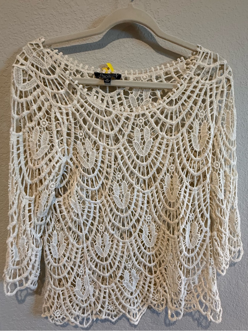 Papillon Ivory Open Weave Crochet Lace Top Scalloped Boho Knit Blouse M